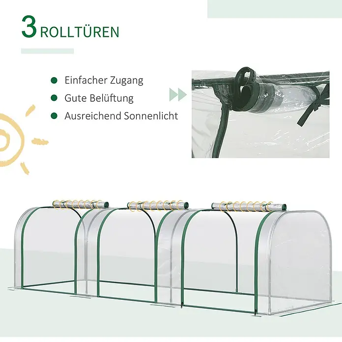 Furnicato Gewächshaus - 100 x 295 cm, Material Seitenwand: Stahl, 14 mm, Grün - Tunnelgewächshaus mit transparentem Bezug und grünem Rahmen, ausgestattet mit drei aufrollbaren Türen für Belüftung und Zugang.