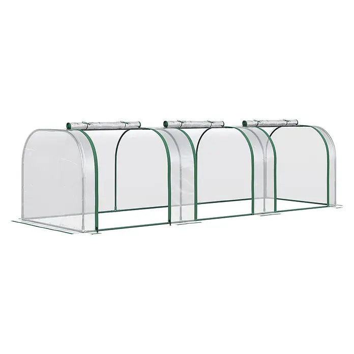 Furnicato Gewächshaus - 100 x 295 cm, Material Seitenwand: Stahl, 14 mm, Grün - Langes, transparentes Kunststoff-Gewächshaus mit grünem Rahmen und aufrollbaren oberen Lüftungsöffnungen.