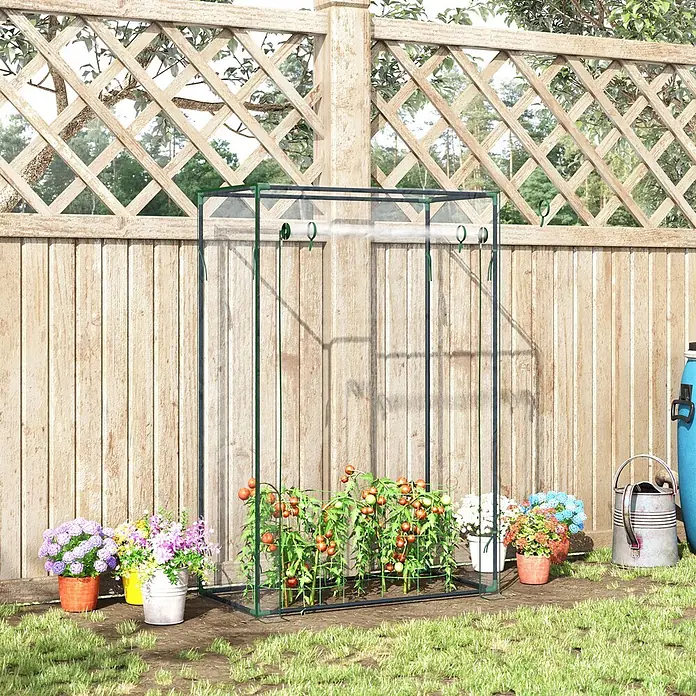 Furnicato Gewächshaus - 50 x 100 cm, Material Seitenwand: Stahl, 14 mm, silber - Transparentes Minigewächshaus mit grünem Rahmen im Garten, das Tomatenpflanzen beherbergt.