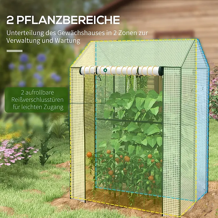 Outsunny Gewächshaus - 100 x 80 cm, Material Seitenwand: Kunststoff, 0,3 mm, Schwarz - Gewächshaus mit grüner Netzabdeckung, in zwei Pflanzbereiche unterteilt, mit zwei aufrollbaren Reißverschlusstüren für leichten Zugang im Garten.