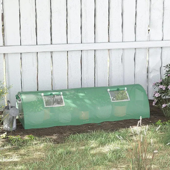 Outsunny Gewächshaus - 200 x 80 cm, Material Seitenwand: Kunststoff, 0,3 mm, Grün - Grüner Maschen-Gewächshaustunnel mit zwei aufrollbaren Fenstern, schützt Pflanzen im Garten.