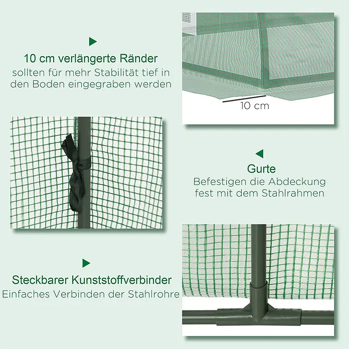 Outsunny Gewächshaus - 200 x 80 cm, Material Seitenwand: Kunststoff, 0,3 mm, Grün - Details der Gewächshausabdeckung: 10 cm verlängerte Ränder, Befestigungsgurte, Steckverbinder für Stahlrahmen.