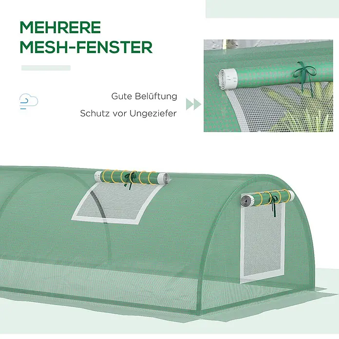 Outsunny Gewächshaus - 200 x 80 cm, Material Seitenwand: Kunststoff, 0,3 mm, Grün - Grüner Anzuchttunnel mit mehreren hochgerollten Netzfenstern für Belüftung und Schädlingsschutz.