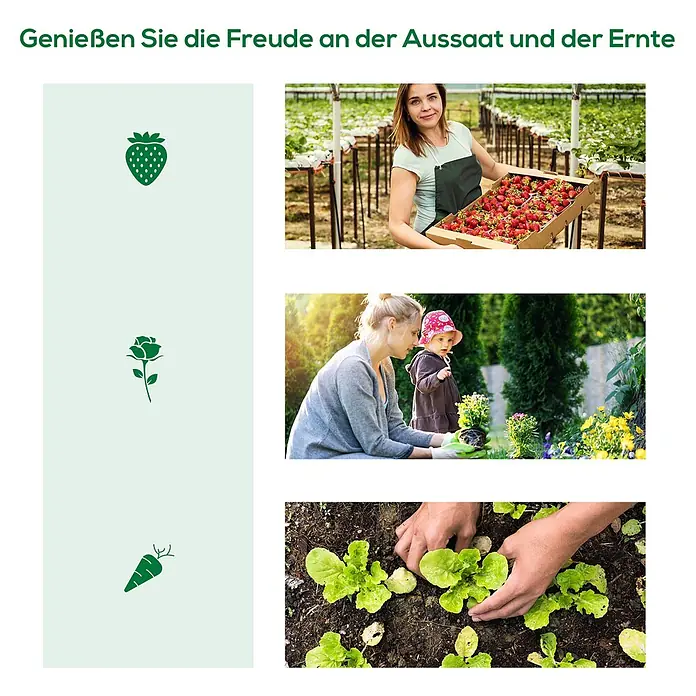Outsunny Gewächshaus - 200 x 80 cm, Material Seitenwand: Kunststoff, 0,3 mm, Grün - Collage von Menschen, die Gartenarbeit genießen: Frau erntet Erdbeeren, Elternteil und Kind pflanzen Blumen, Hände pflanzen Salat.