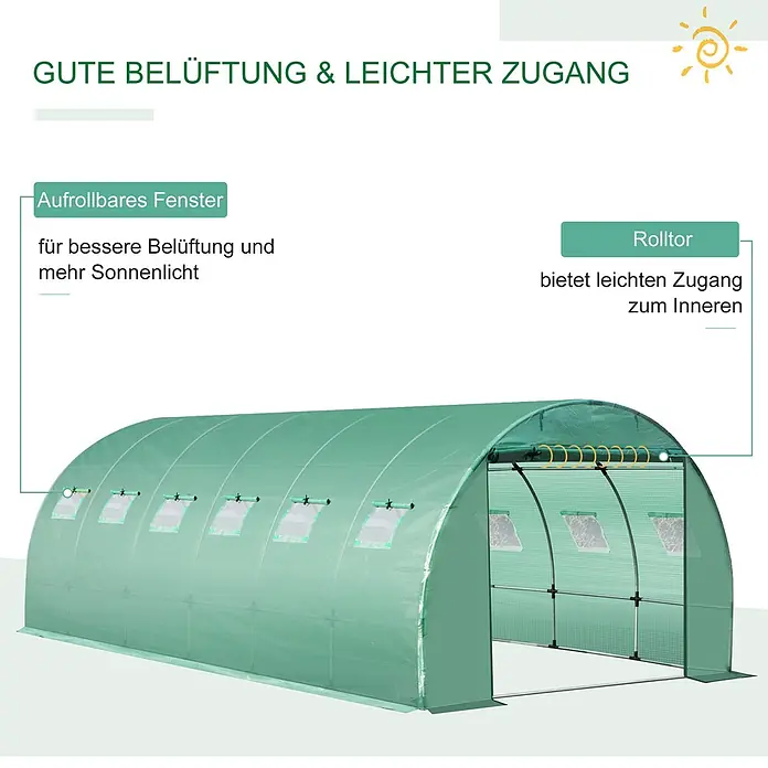 Furnicato Gewächshaus - Außenmaß inkl. Dachüberstand (B x T): 300 x 600 cm, Material Seitenwand: Kunststoff, 14 mm, silber - Grünes Tunnelgewächshaus mit aufrollbaren Fenstern für Belüftung und Rolltor für einfachen Zugang.