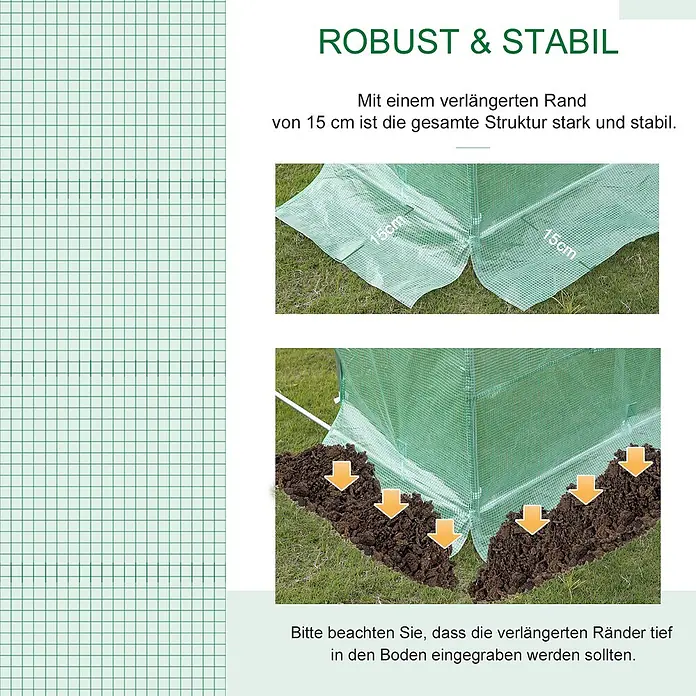 Furnicato Gewächshaus - Außenmaß inkl. Dachüberstand (B x T): 300 x 600 cm, Material Seitenwand: Kunststoff, 14 mm, silber - Grüne Gewächshausbasis mit 15 cm verlängertem Rand für Stabilität, im Boden vergraben.