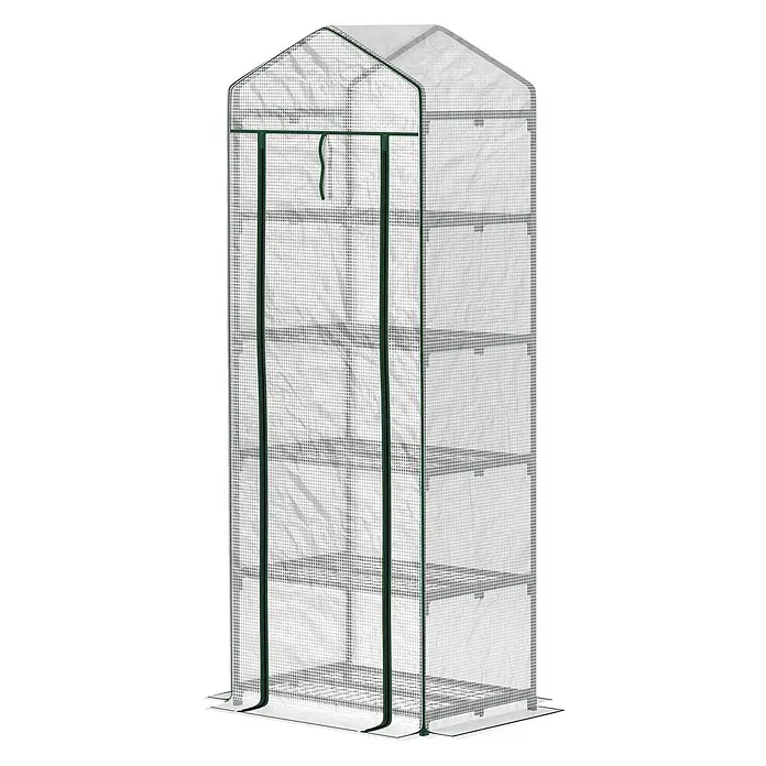 Furnicato Gewächshaus - Außenmaß inkl. Dachüberstand (B x T): 49 x 69 cm, Material Seitenwand: Kunststoff, 14 mm, weiß - Hohes, tragbares Gewächshaus mit transparenter Gitterabdeckung, grünem Gestell, Reißverschluss und Regalen für Pflanzen.