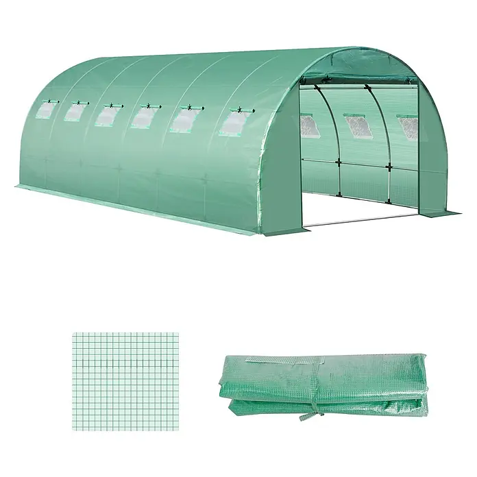 Furnicato Gewächshaus - Außenmaß inkl. Dachüberstand (B x T): 300 x 600 cm, Material Seitenwand: Kunststoff, 14 mm, silber - Grüner begehbarer Gewächshaustunnel aus transparentem, gerastertem PE-Abdeckmaterial, mit Rollfenstern und gefalteter Abdeckung.