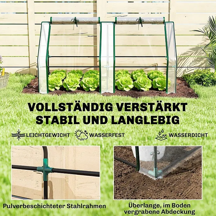 Furnicato Gewächshaus - 90 x 180 cm, Material Seitenwand: Stahl, 14 mm, silber - Zwei grüne Minigewächshäuser mit transparenten Abdeckungen in einem Garten, die Salat schützen. Sie haben pulverbeschichtete Stahlrahmen.