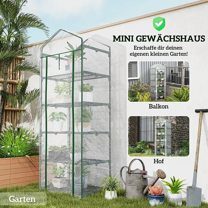 Furnicato Gewächshaus - Außenmaß inkl. Dachüberstand (B x T): 49 x 69 cm, Material Seitenwand: Kunststoff, 14 mm, weiß - Grün gerahmtes, transparentes Minigewächshaus mit mehreren Etagen für Pflanzen, im Garten gezeigt, auch für Balkon oder Hof geeignet.