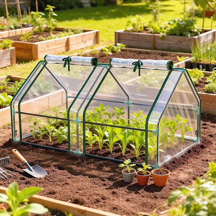 Furnicato Gewächshaus - 90 x 180 cm, Material Seitenwand: Stahl, 14 mm, silber - Ein kompaktes Gewächshaus aus klarem Kunststoff mit grünem Rahmen, das junge Pflanzen im Garten schützt.