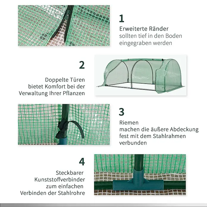 Outsunny Gewächshaus - 100 x 200 cm, Material Seitenwand: Kunststoff, 0,3 mm, Grün - Kollage mit Merkmalen eines Tunnelgewächshauses: erweiterte Ränder, doppelte Reißverschlusstüren, Befestigungsriemen am Rahmen und Kunststoffverbinder.