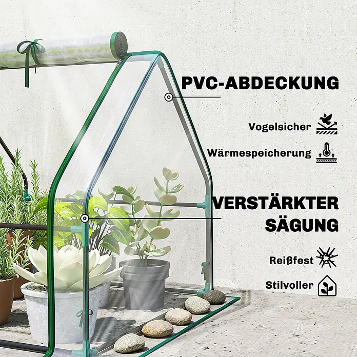 Outsunny Gewächshaus - 180 x 90 cm, Material Seitenwand: Kunststoff, 0,3 mm, Grün - Transparente PVC-Mini-Gewächshaus mit grünem Rahmen für Pflanzen, mit Vogelschutz, Wärmespeicherung, Reißfestigkeit und stilvollem Roll-up-Front.