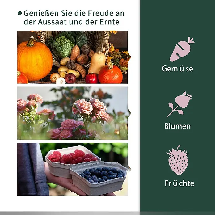 Outsunny Gewächshaus - 100 x 200 cm, Material Seitenwand: Kunststoff, 0,3 mm, Grün - Verschiedenes Gemüse, blühende Blumen und frische Früchte, die die Freude am Gärtnern und Ernten zeigen.