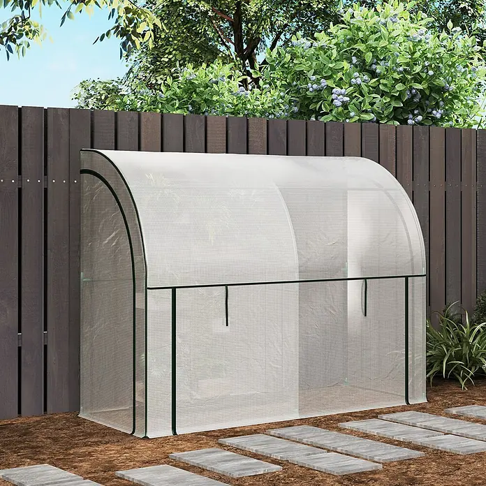 Furnicato Gewächshaus - 80 x 200 cm, Material Seitenwand: Kunststoff, 14 mm, weiß - Kleines Gewächshaus mit weißer lichtdurchlässiger Abdeckung und grünem Rahmen im Garten.