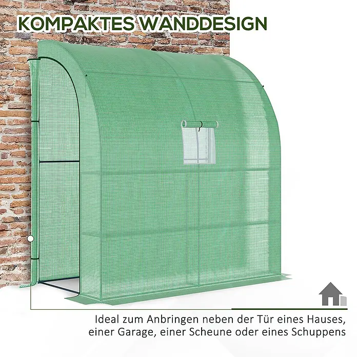Outsunny Gewächshaus - 200 x 100 cm, Material Seitenwand: Kunststoff, 0,3 mm, Grün - Grünes Wandgewächshaus aus Gittergewebe, kompakt für die Anbringung an Haus, Garage oder Schuppen.