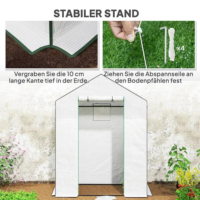 Furnicato Gewächshaus - 74 x 143 cm, Material Seitenwand: Kunststoff, 14 mm, weiß - Weißes Gittermuster-Minigewächshaus mit grünem Rand, im Freien verankert. Stabilität durch vergrabenen Rand und Abspannseile mit Pfählen.