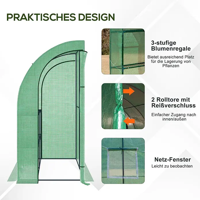 Outsunny Gewächshaus - 200 x 100 cm, Material Seitenwand: Kunststoff, 0,3 mm, Grün - Grünes begehbares Gewächshaus mit 3-stufigen Regalen, Reißverschluss-Rolltüren und Netzfenstern für Pflanzen.