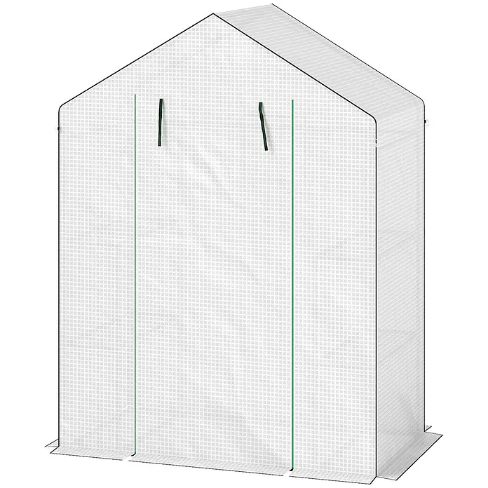 Furnicato Gewächshaus - 74 x 143 cm, Material Seitenwand: Kunststoff, 14 mm, weiß - Weißes transparentes begehbares Gewächshaus mit Gittermusterhülle und grünem Reißverschluss vorne.