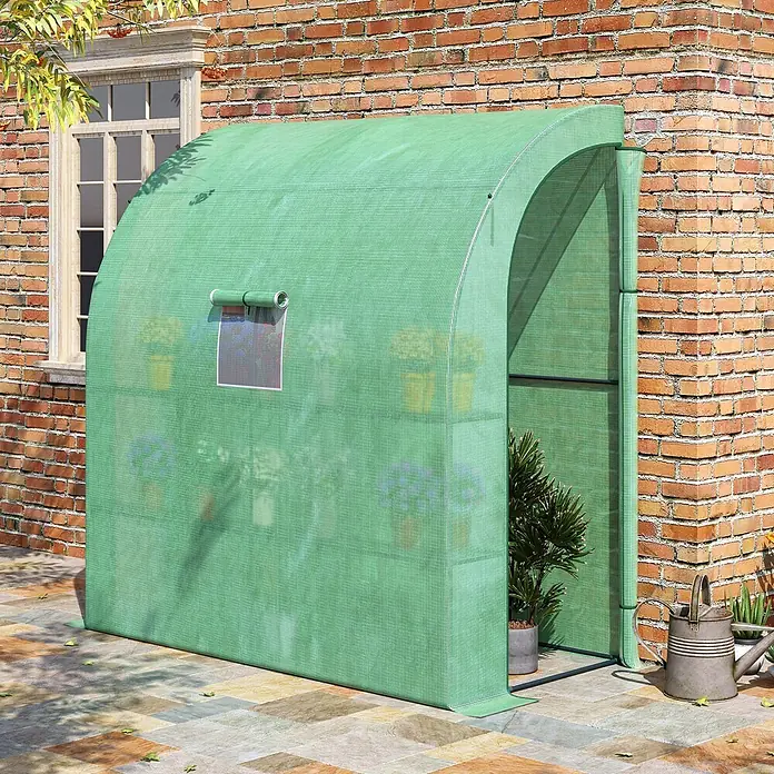 Outsunny Gewächshaus - 200 x 100 cm, Material Seitenwand: Kunststoff, 0,3 mm, Grün - Grünes begehbares Gewächshaus aus Netzstoff an einer Ziegelwand, mit Topfpflanzen. Ideal für den Garten auf Terrassen.