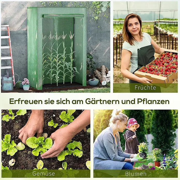 Outsunny Gewächshaus - 100 x 50 cm, Material Seitenwand: Kunststoff, 0,3 mm, Grün - Grünes Netzgewächshaus mit Rolltür, beherbergt junge Maispflanzen im Garten.