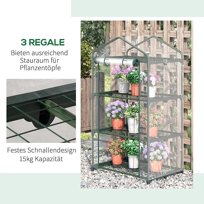 Outsunny Gewächshaus - 69 x 49 cm, Material Seitenwand: Kunststoff, 0,3 mm, Grün - Grünes, mehrstufiges Mini-Gewächshaus mit transparenter Abdeckung für Topfpflanzen.