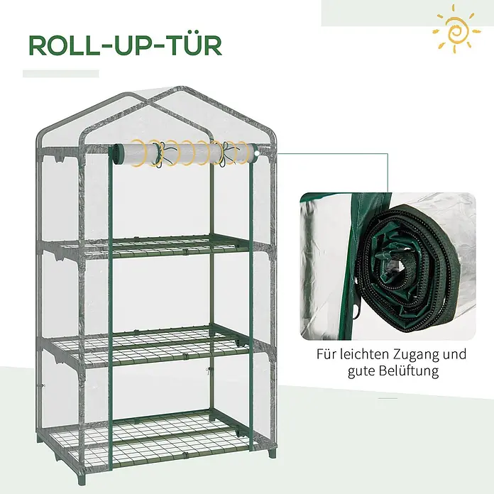 Outsunny Gewächshaus - 69 x 49 cm, Material Seitenwand: Kunststoff, 0,3 mm, Grün - Mini-Gewächshaus mit grünem Gestell, klarer Abdeckung und aufrollbarer Tür für einfachen Zugang und Belüftung.