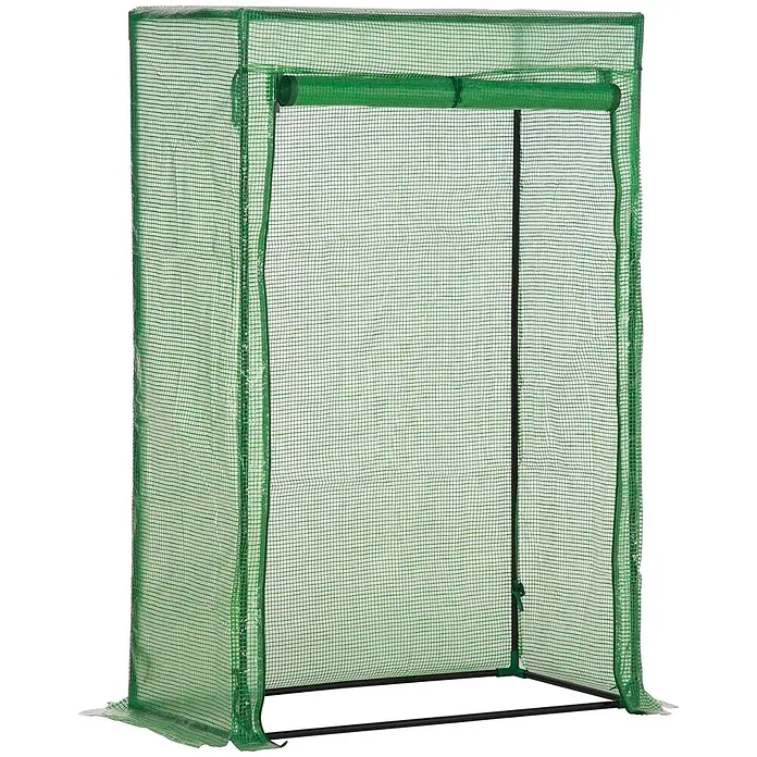 Furnicato Gewächshaus - 50 x 100 cm, Material Seitenwand: Stahl, 14 mm, Grün - Grünes tragbares Mini-Gewächshaus mit aufrollbarem Reißverschluss-Tür und klarer Gitterabdeckung auf schwarzem Metallrahmen.