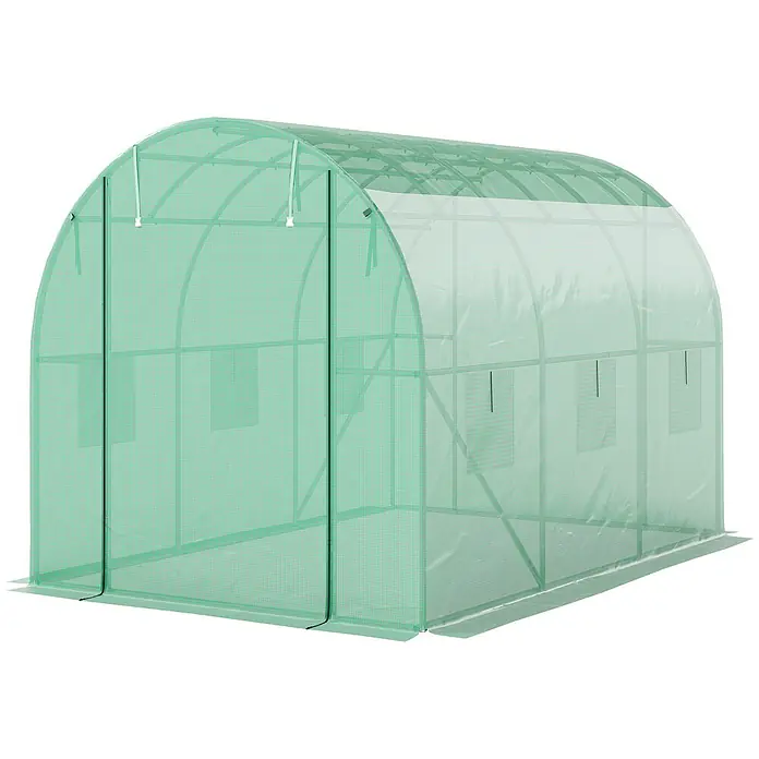 Furnicato Gewächshaus - Außenmaß inkl. Dachüberstand (B x T): 200 x 300 cm, Material Seitenwand: Kunststoff, 14 mm, Grün - Transparentes grünes Tunnelgewächshaus mit Metallrahmen und Seitenfenstern für den Pflanzenanbau.