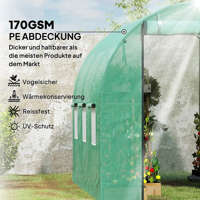 Outsunny Gewächshaus mit Rolltor - 200 x 300 cm, Material Seitenwand: Kunststoff, 3 mm - Grünes Gewächshaus mit verstärkter PE-Abdeckung, im Garten mit Pflanzen sichtbar.