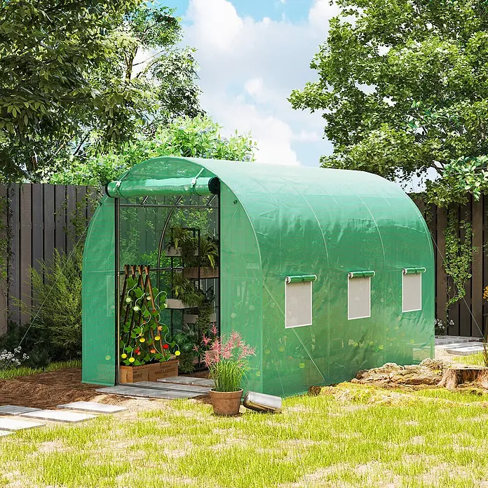 Outsunny Gewächshaus mit Rolltor - 200 x 300 cm, Material Seitenwand: Kunststoff, 3 mm - Grünes begehbares Gewächshaus mit stabilem Rahmen und aufrollbaren Fenstern, im Garten für den Pflanzenanbau.