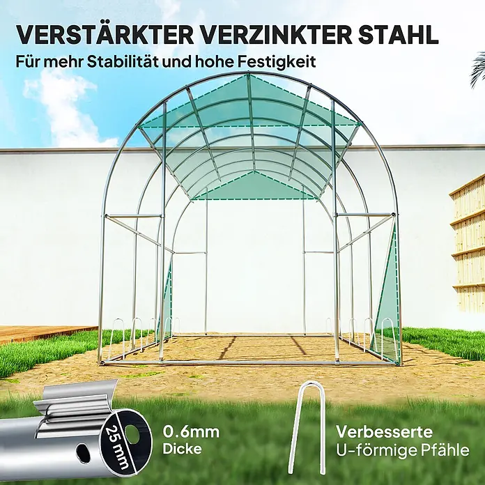 Outsunny Gewächshaus mit Rolltor - 200 x 300 cm, Material Seitenwand: Kunststoff, 3 mm - Verstärktes Gewächshausgerüst aus verzinktem Stahl, 25mm Rohren, 0.6mm Dicke und U-förmigen Pfählen für hohe Stabilität.