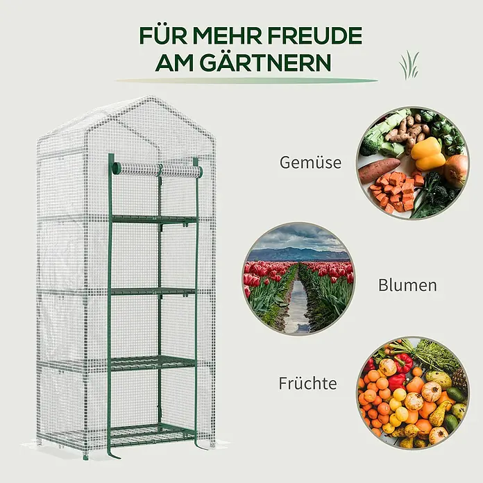 Outsunny Gewächshaus - 70 x 50 cm, Material Seitenwand: Kunststoff, 0,3 mm, Grün - Kleines tragbares Gewächshaus mit klarer Gitterabdeckung und grünen Metallregalen zum Pflanzenanbau.