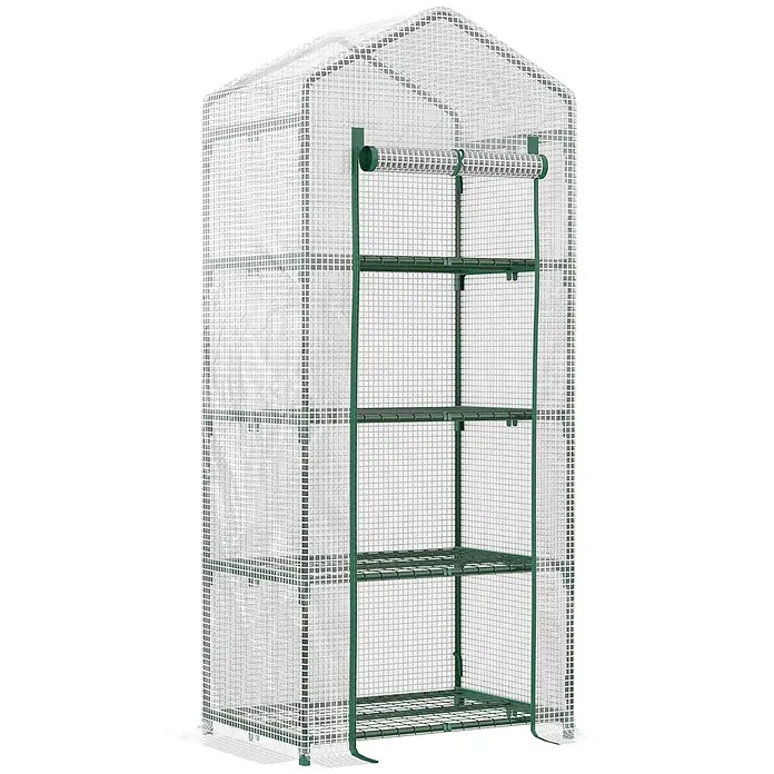 Furnicato Gewächshaus - 70 x 160 cm, Material Seitenwand: Metall, 14 mm, weiß - Hohes, schmales Gewächshaus mit grünem Rahmen und transparenter Gitterabdeckung, mit mehreren Drahtregalen.