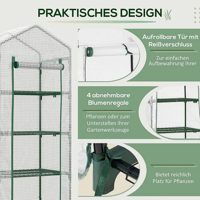 Outsunny Gewächshaus - 70 x 50 cm, Material Seitenwand: Kunststoff, 0,3 mm, Grün - Kleines Gewächshaus mit grünem Rahmen und weißer Gitterabdeckung, mit aufrollbarer Tür und 4 entfernbaren Regalen für Pflanzen oder Gartengeräte.
