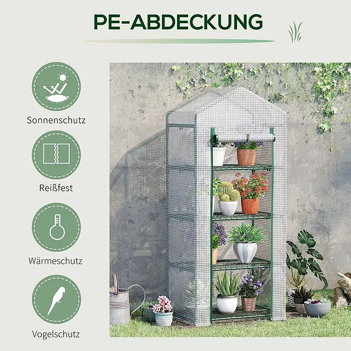 Outsunny Gewächshaus - 70 x 50 cm, Material Seitenwand: Kunststoff, 0,3 mm, Grün - Ein hohes, schmales Gewächshaus mit transparenter PE-Gitterabdeckung und grünen Metallregalen, gefüllt mit Topfpflanzen im Garten.