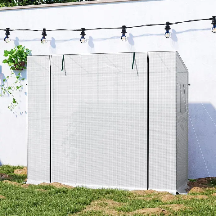 Outsunny Gewächshaus - 200 x 76 cm, Material Seitenwand: Kunststoff, 0,3 mm, Dunkelgrün - Kompaktes, weißes, durchscheinendes Gewächshaus mit Gittermuster und schwarzem Rand für den Außenbereich.