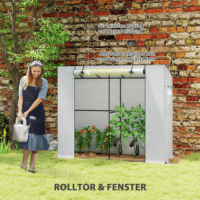 Outsunny Gewächshaus - 200 x 76 cm, Material Seitenwand: Kunststoff, 0,3 mm, Dunkelgrün - Weißes Stoffgewächshaus im Garten, eine Frau gießt Pflanzen. Mit Rolltor für leichten Zugang und gute Belüftung.