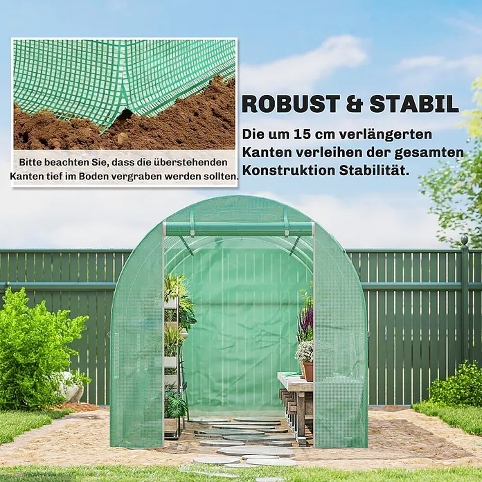 Furnicato Gewächshaus - Außenmaß inkl. Dachüberstand (B x T): 200 x 400 cm, Material Seitenwand: Kunststoff, 14 mm, silber - Grünes Foliengewächshaus im Garten, mit verlängerten Kanten zur Stabilisierung.