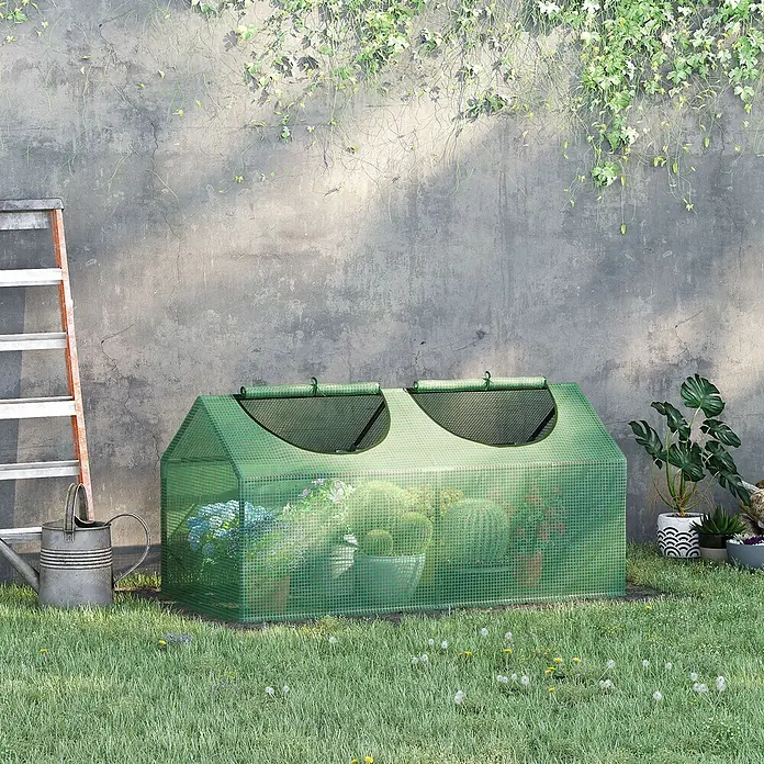 Furnicato Gewächshaus - 60 x 120 cm, Material Seitenwand: Stahl, 14 mm, Grün - Grünes, tragbares Netzgewächshaus mit Pflanzen und zwei oberen Öffnungen, im Garten.