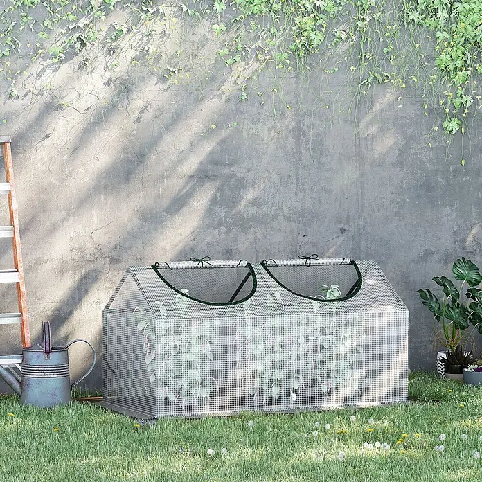 Outsunny Gewächshaus - 120 x 60 cm, Material Seitenwand: Kunststoff, 0,1 mm, Schwarz - Weißes Gitter-Gewächshaus mit grünem Rand im Garten, das Pflanzen schützt. Ideal für die Anzucht von Setzlingen.