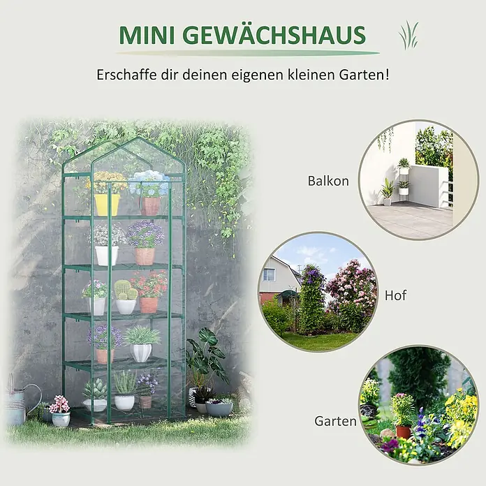 Outsunny Gewächshaus - Außenmaß inkl. Dachüberstand (B x T): 69 x 49 cm, Material Seitenwand: Kunststoff, 0,3 mm, Schwarz - Grünes Mini-Gewächshaus mit Topfpflanzen auf Regalen, ideal für Balkon, Hof oder Garten.
