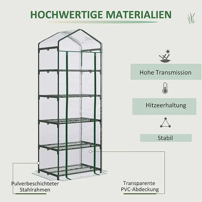 Outsunny Gewächshaus - Außenmaß inkl. Dachüberstand (B x T): 69 x 49 cm, Material Seitenwand: Kunststoff, 0,3 mm, Schwarz - Ein mehrstöckiges Mini-Gewächshaus mit grünem pulverbeschichtetem Stahlrahmen und transparenter PVC-Abdeckung für hohe Lichtdurchlässigkeit und Wärmeerhaltung.
