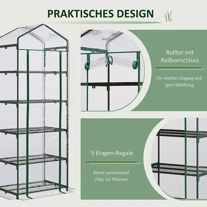 Outsunny Gewächshaus - Außenmaß inkl. Dachüberstand (B x T): 69 x 49 cm, Material Seitenwand: Kunststoff, 0,3 mm, Schwarz - Grünes Mini-Gewächshaus mit transparenter Abdeckung und 5 Gitterablagen. Rolltor mit Reißverschluss für einfachen Zugang.