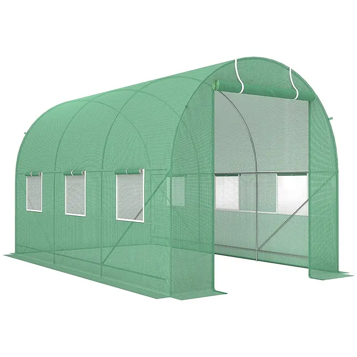 Furnicato Gewächshaus - 200 x 350 cm, Material Seitenwand: Stahl, 14 mm, Grün - Grünes Tunnelgewächshaus mit Netzabdeckung und Metallrahmen, mit aufrollbaren Seitenfenstern und offenem Fronteingang.