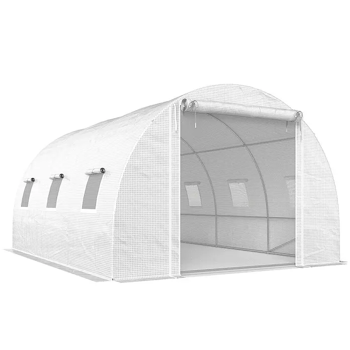 Furnicato Gewächshaus - 300 x 396 cm, Material Seitenwand: Stahl, 14 mm, silber - Weißes Bogen-Tunnelgewächshaus mit aufrollbarem Fronteingang und Seitenfenstern zur Belüftung.