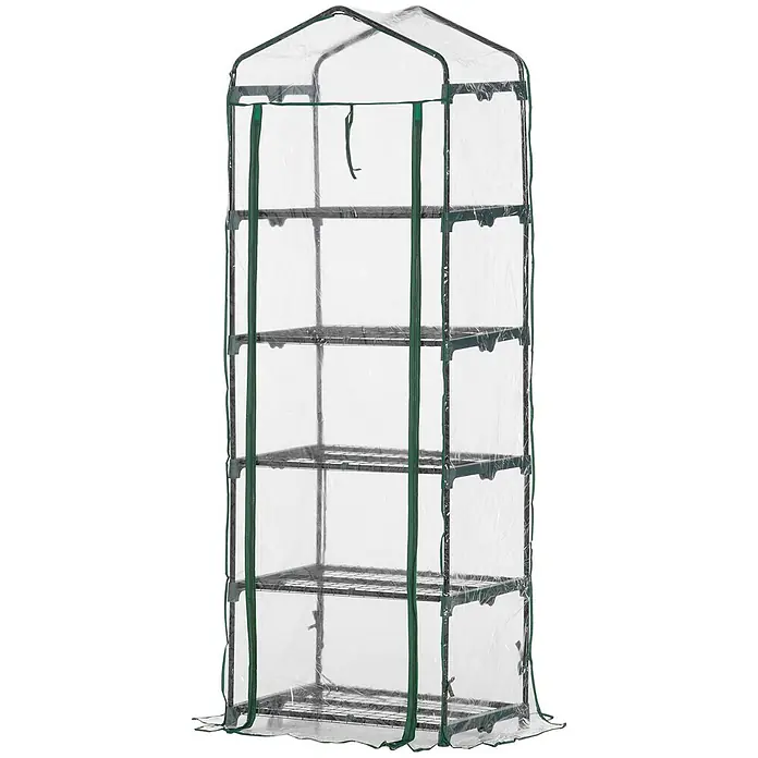 Outsunny Gewächshaus - Außenmaß inkl. Dachüberstand (B x T): 69 x 49 cm, Material Seitenwand: Kunststoff, 0,3 mm, Schwarz - Tragbares Gewächshaus mit transparenter Kunststoffabdeckung, grünem Rand und mehreren Metallebenen zum Pflanzenschutz.