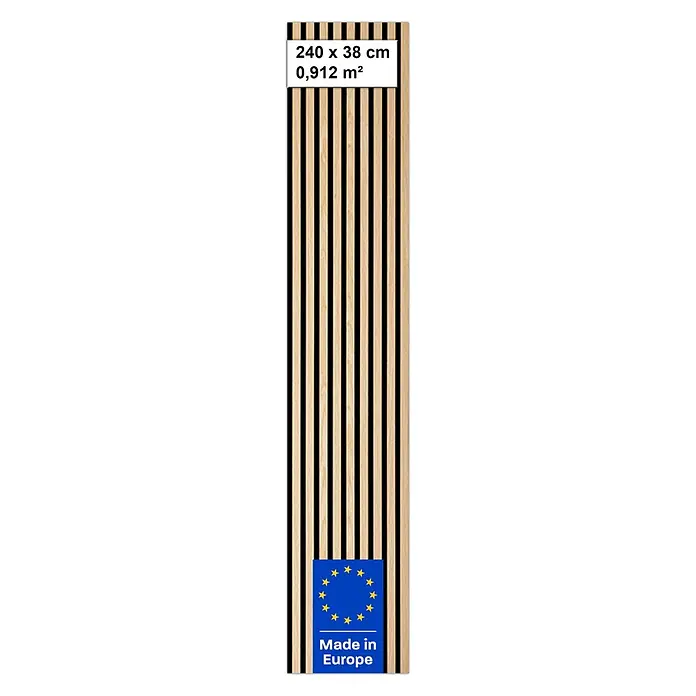 acous Akustikpaneel Economico - Eiche Hellbraun /schwarzer Filz, 2.400 x 380 x 16,5 mm - Akustikpaneel aus hellen Holzlamellen, 240 x 38 cm groß. Hergestellt in Europa.