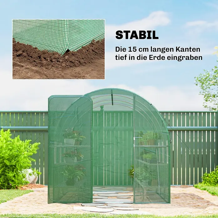 Outsunny Gewächshaus - 200 x 300 cm, Material Seitenwand: Kunststoff, 0,3 mm, Grün - Grünes Netz-Gewächshaus im Garten, mit 15 cm Rändern tief in der Erde für Stabilität.