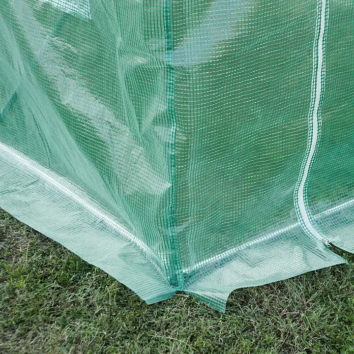 Furnicato Gewächshaus - Außenmaß inkl. Dachüberstand (B x T): 200 x 300 cm, Material Seitenwand: Kunststoff, 14 mm, silber - Grüne, verstärkte Gewächshausabdeckung, transparent mit Gittermuster, Ecke und Unterkante auf Gras mit weißem Reißverschluss.